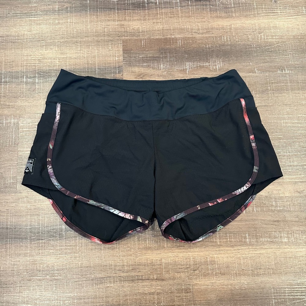 Oiselle Roga Running Shorts Womens 10 Black Dark Floral 4 in Inseam Side Pockets